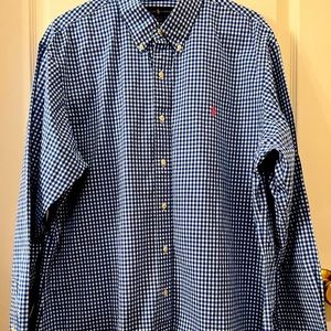 Long sleeve, button up shirt, blue/white